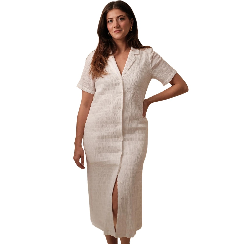 FRNCH‎ Women's White Woven Crinkled Collar Button Down Shirt Midi Dress Size XS